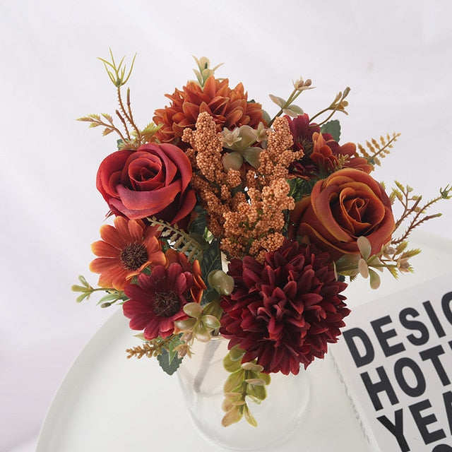 Artificial Flowers Rose lavender Hydrangea Daisy Autumn Hybrid Bouquet for Home Wedding Christmas Decor Fall Silk Fake Flower