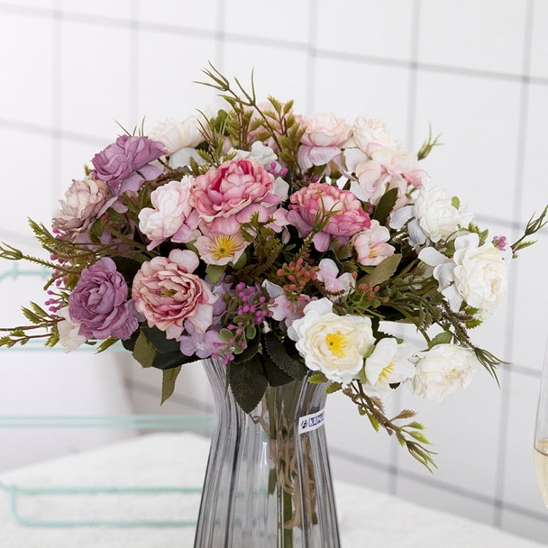 5 Forks（8 Heads）Artificial Flowers Small Peony Bouquet Wedding Decorative Flowers Wreaths Vases for Home Decoration Accessories
