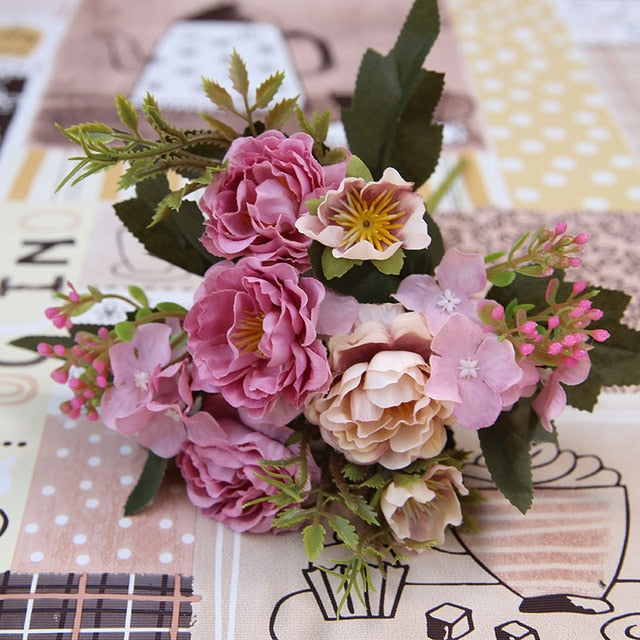 5 Forks（8 Heads）Artificial Flowers Small Peony Bouquet Wedding Decorative Flowers Wreaths Vases for Home Decoration Accessories