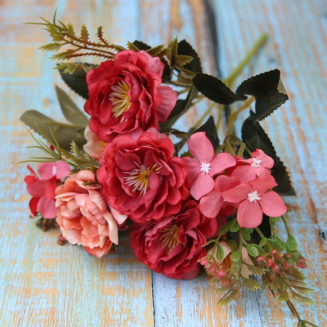 5 Forks（8 Heads）Artificial Flowers Small Peony Bouquet Wedding Decorative Flowers Wreaths Vases for Home Decoration Accessories