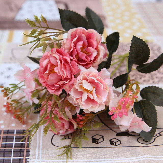 5 Forks（8 Heads）Artificial Flowers Small Peony Bouquet Wedding Decorative Flowers Wreaths Vases for Home Decoration Accessories