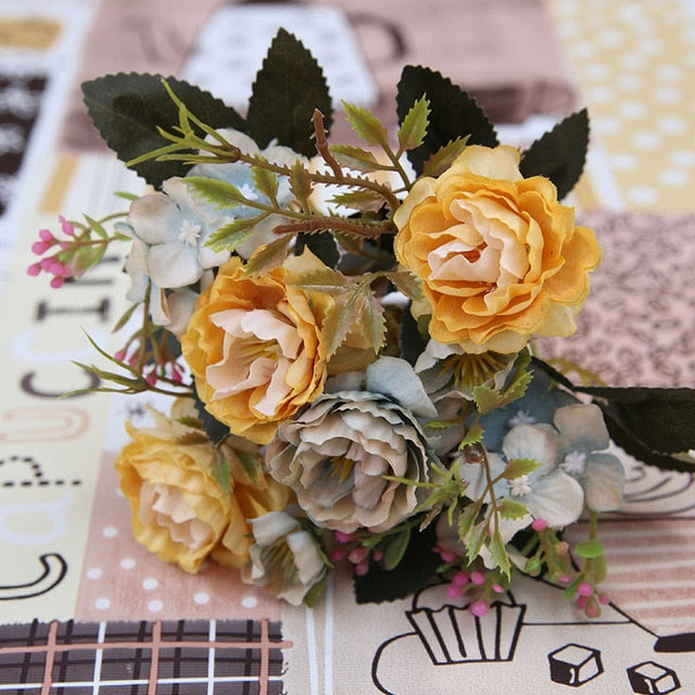5 Forks（8 Heads）Artificial Flowers Small Peony Bouquet Wedding Decorative Flowers Wreaths Vases for Home Decoration Accessories