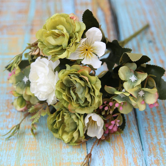 5 Forks（8 Heads）Artificial Flowers Small Peony Bouquet Wedding Decorative Flowers Wreaths Vases for Home Decoration Accessories